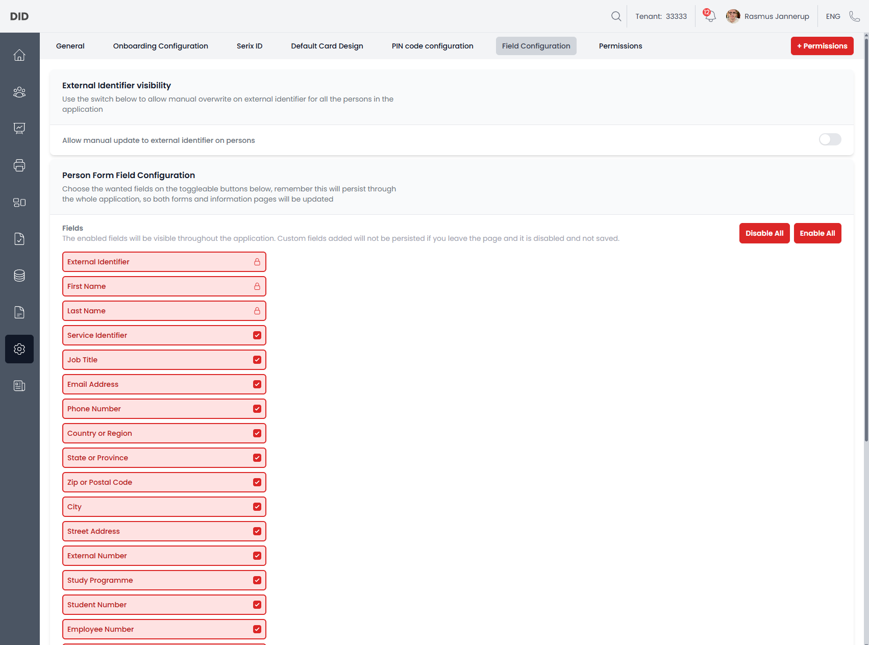 Field Configuration selected